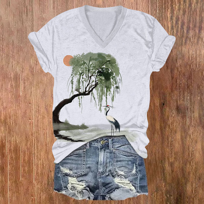 Japanese Watercolor Willow & Crane Art T-shirt - Light Gray - US32-34(5XL) - image 3