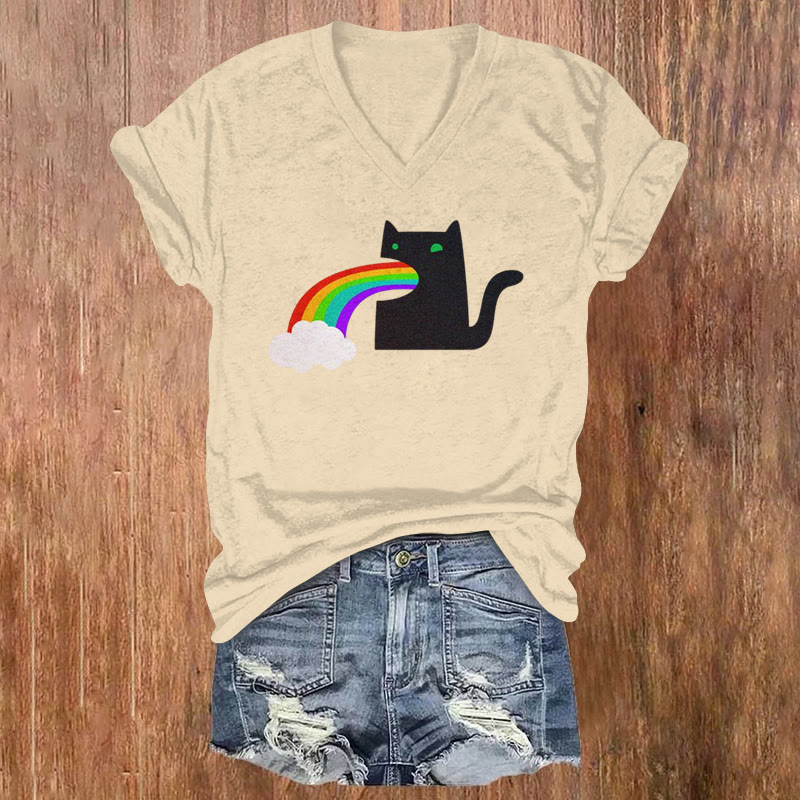 Black Cat Spitting Rainbow Print V-neck Short Sleeve T-shirt - Apricot - US32-34(5XL) - image 2