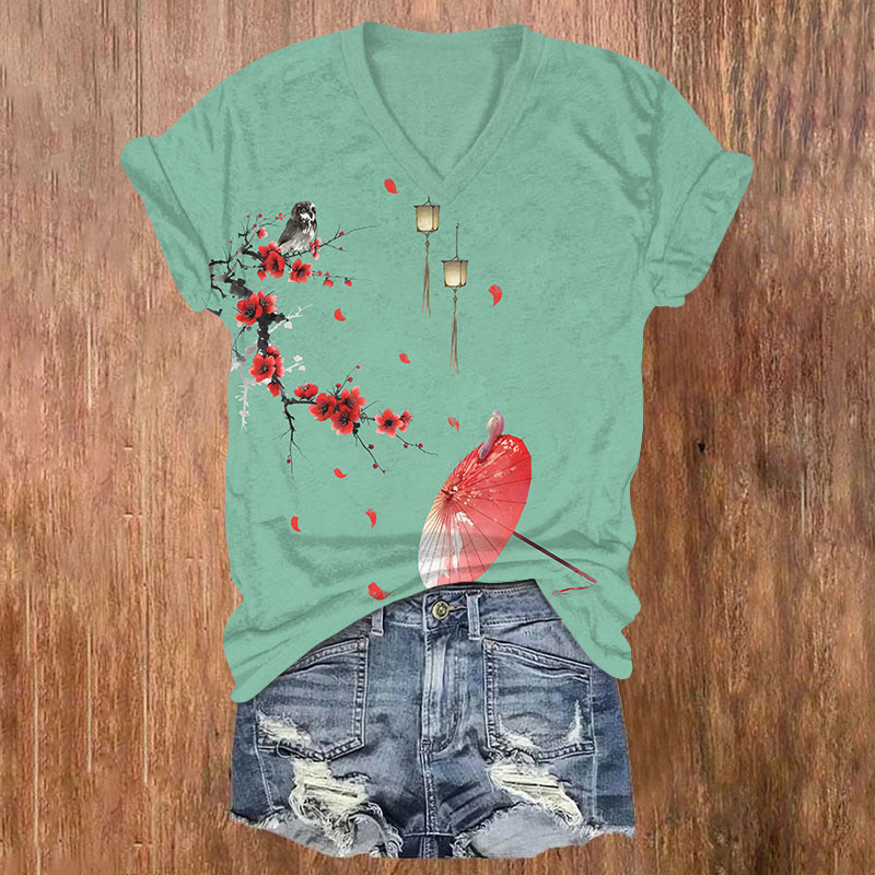 Japanese Floral Owl & Umbrella Art T-shirt - Green - US32-34(5XL) - image 2