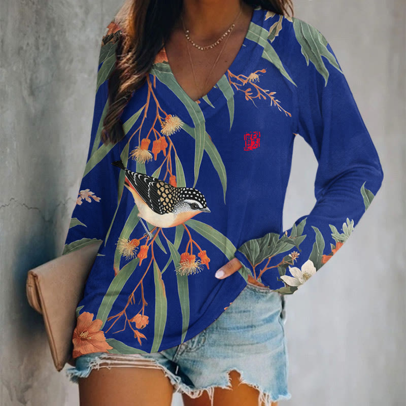 Japanese Vintage Little Bird Pattern Print v-neck Long Sleeve T-shirt - Blue - US 24 (5XL) - image 6