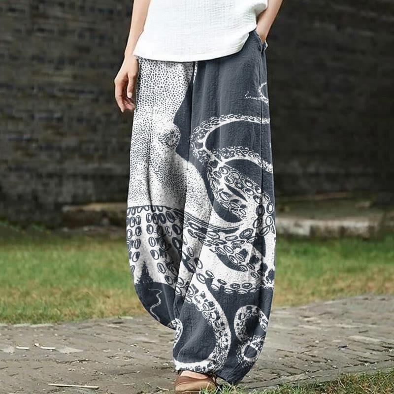 Japanese Art Octopus Graphic Print Casual Pants - Navy Blue - 5XL - image 2