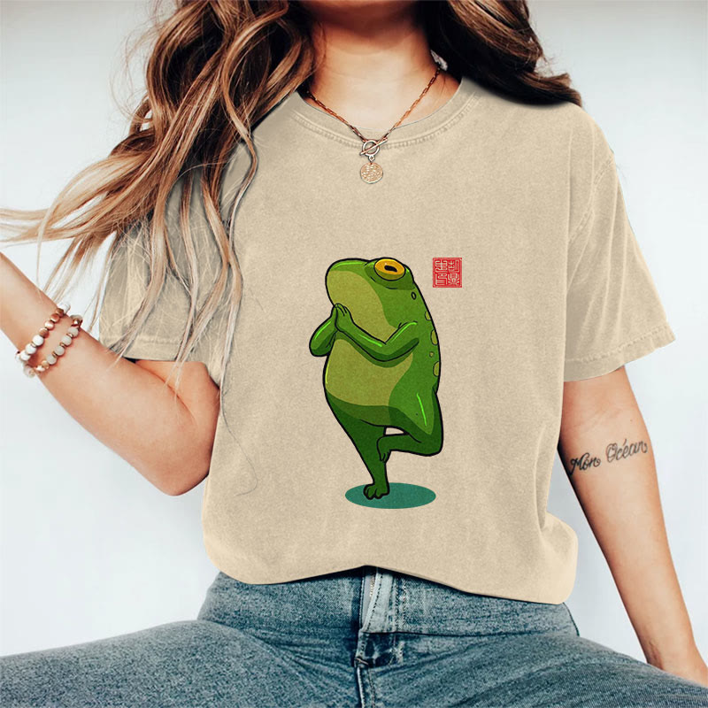 100% Cotton Funny Frog Yoga Art Print Casual T-shirt - Apricot - 2XL - image 3