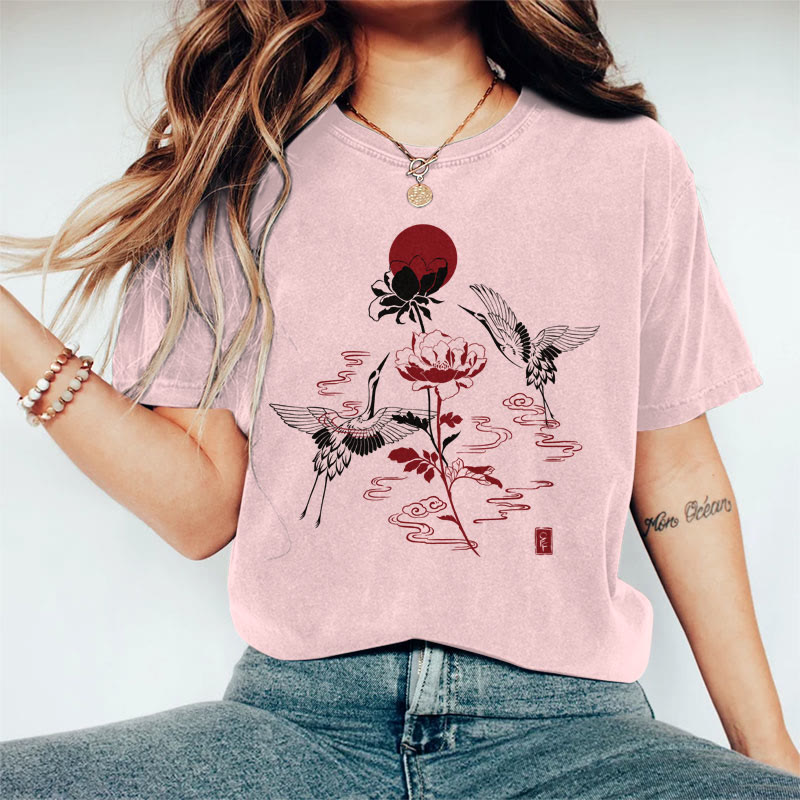 100% Cotton Women's Japanese Crane & Lotus Blossom Art Print Casual T-shirt - Pink - 2XL - image 3