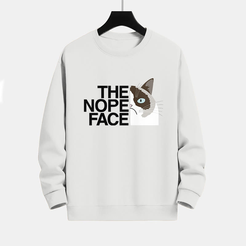 100% Cotton Funny The Nope Face Cat Print Round Neck Casual Fleece Sweatshirt - White - 2XL - image 2