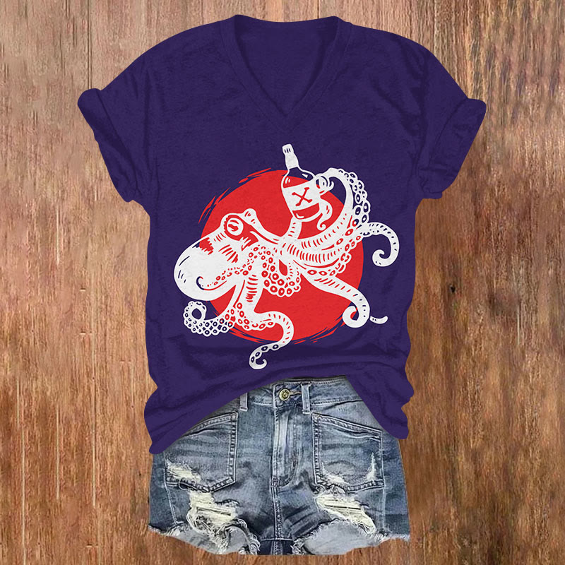 Japanese Funny Octopus Holding Wine Bottle Art Print T-shirt - Purple - US32-34(5XL) - image 4
