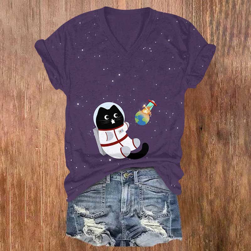Astronaut Cat Witnessed The Blown Up Earth Print V-neck T-shirt - Purple - US32-34(5XL) - image 2