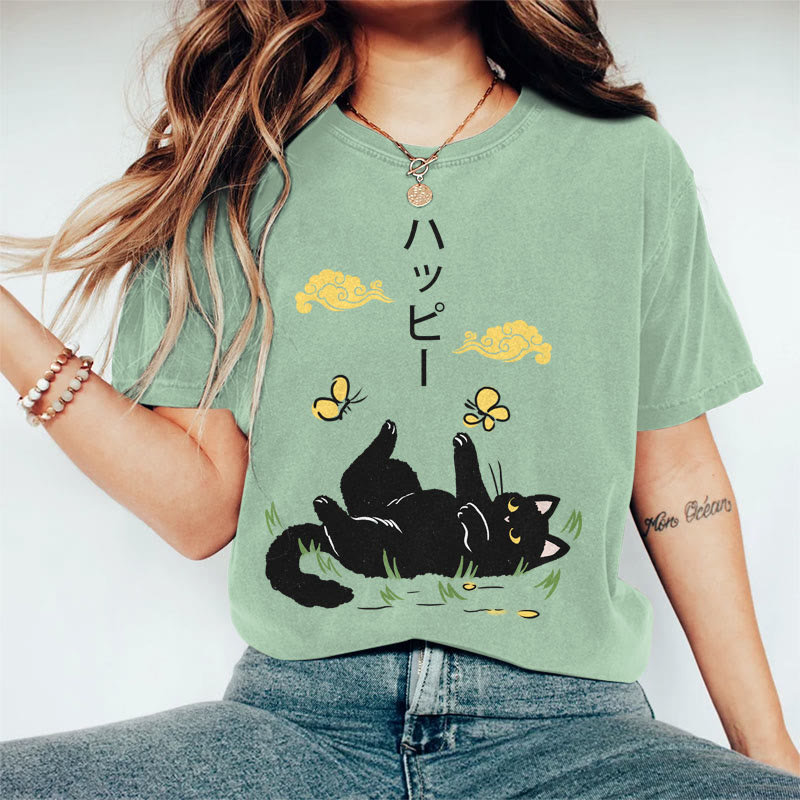 100% Cotton Women's Japanese Black Cat Playing With Butterfly Art Print Casual T-shirt - Green - 2XL - image 3