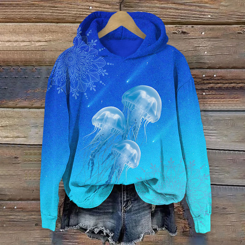 Vintage Floral Abstract Transparent Jellyfish Art Print Long Sleeve Hoodie - Sky Blue - US44-46(8XL) - image 2