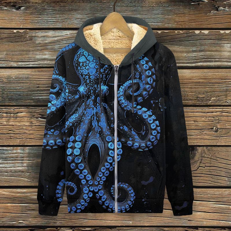Vintage Octopus Art Print Fleece Jacket - Dark Blue - 4XL - image 3