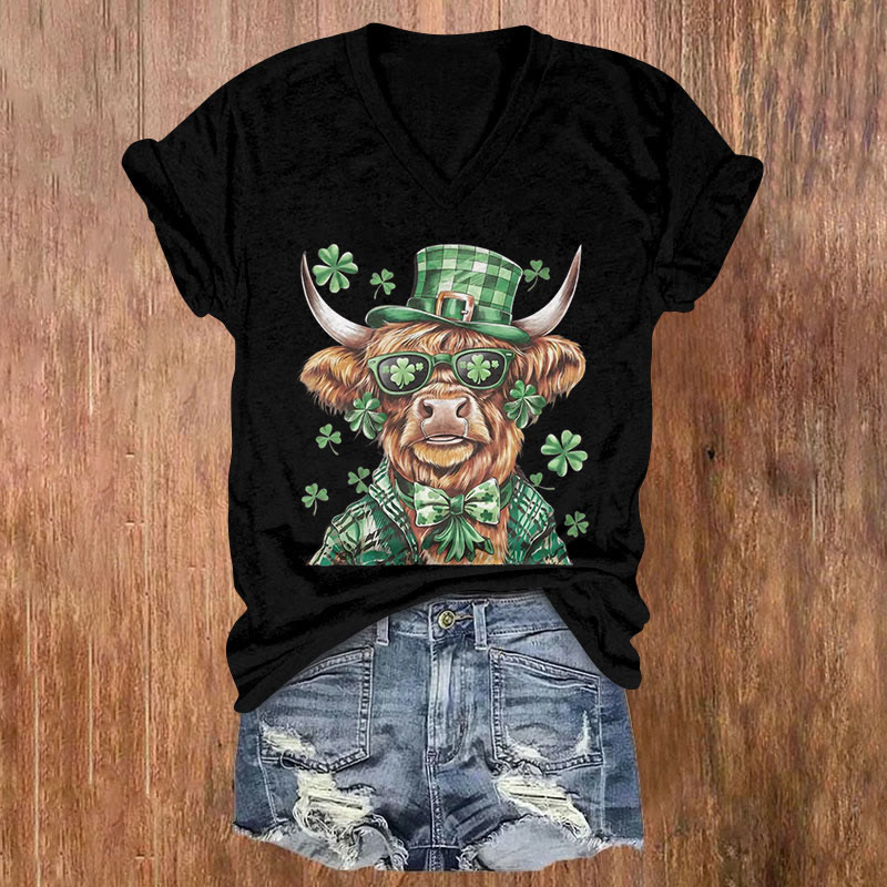 St. Patrick's Day Highland Cattle Print Short Sleeved V-Neck T-Shirt - Black - US32-34(5XL) - image 5