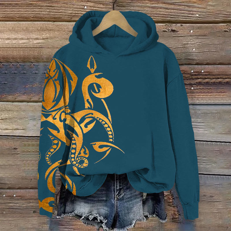 Retro Ethnic Totem Metal Squid Print Long Sleeve Hoodie - Blue - 8XL - image 2