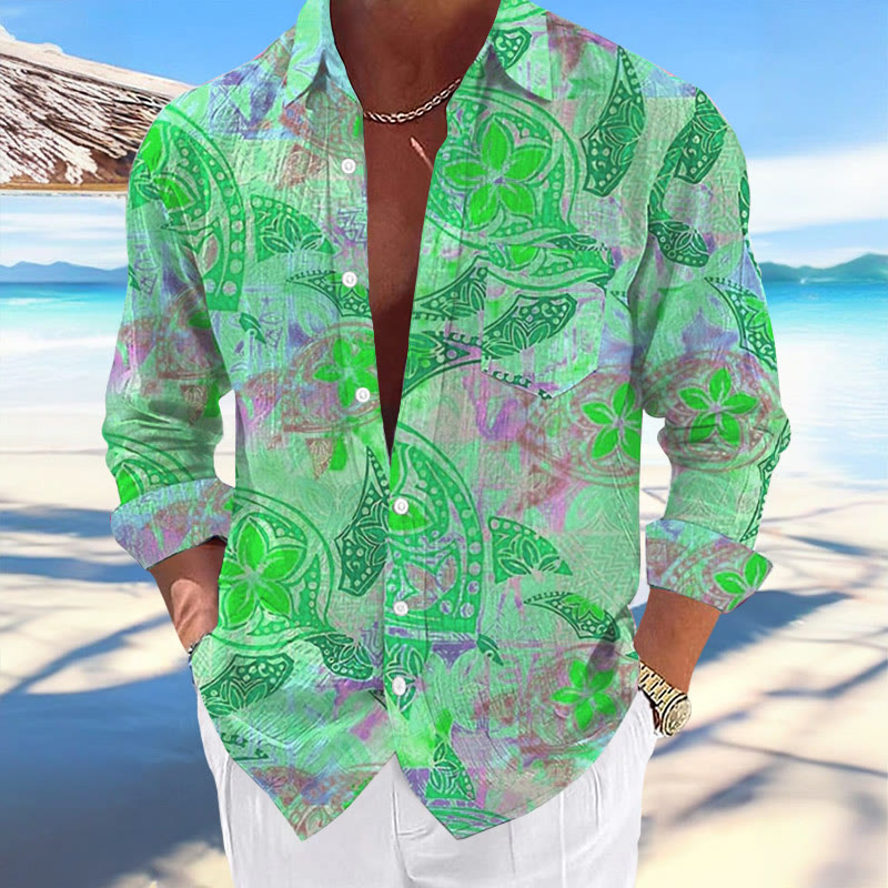 Men's Casual Hawaiian Floral Sea Turtle Print Stylish Resort Pocket Long Sleeve Shirt - Green - 5XL - image 3