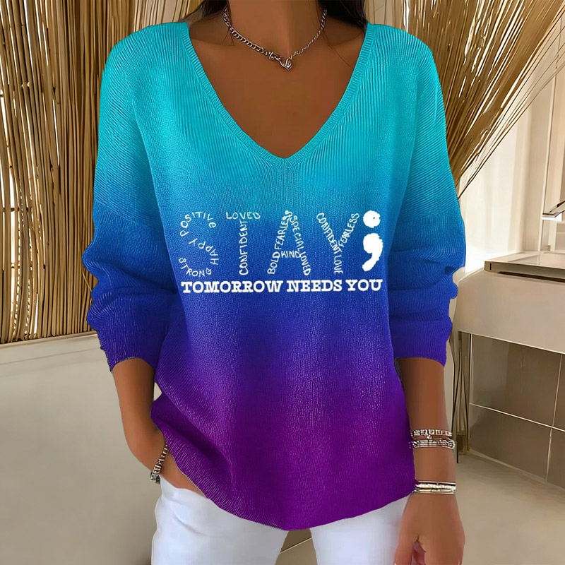 Women's Suicide Awareness Stay Tomorrow Needs You Print V-Neck Long Sleeve Sweater - Blue - 5XL - image 1