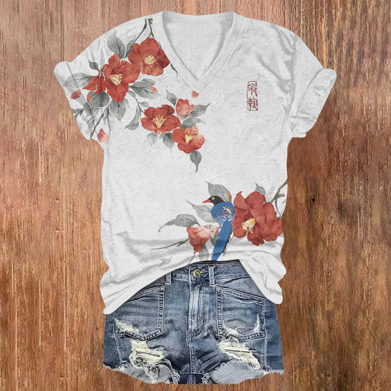 Elegant Calligraphy And Paintings And Birds Printed Short Sleeved V-neck T-shirt - Light Gray - US32-34(5XL) - image 1