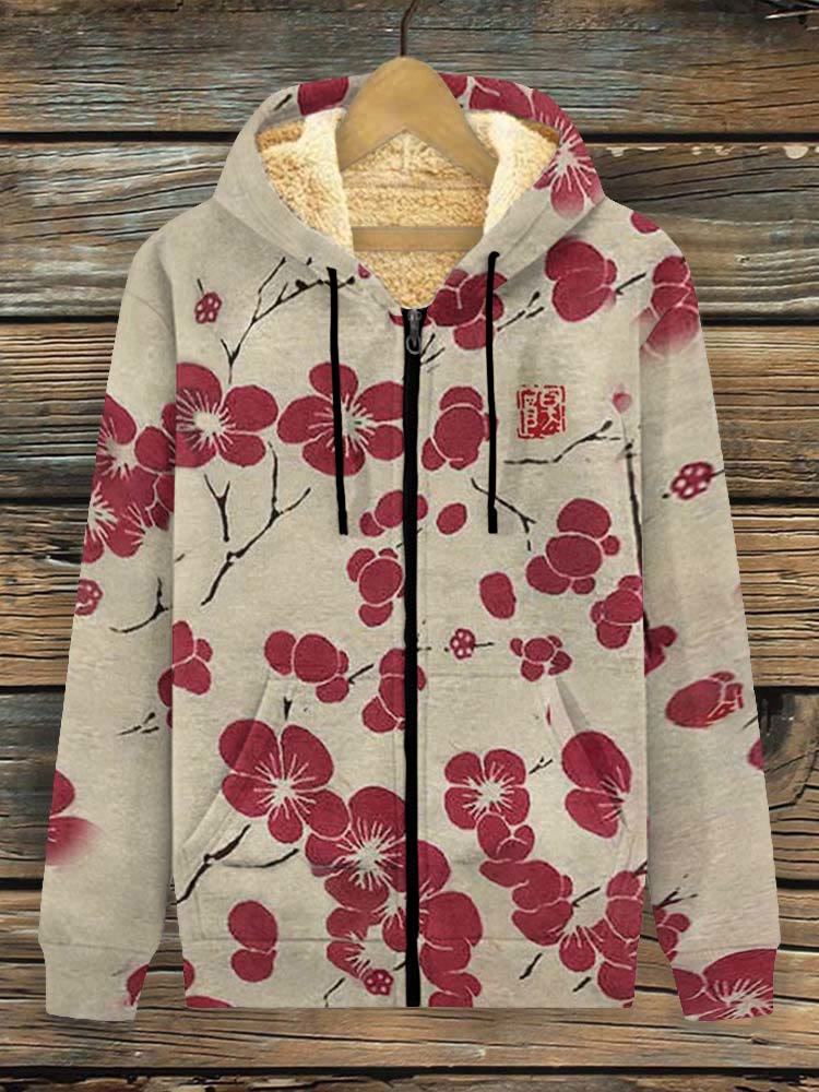 Cherry Blossom Japanese Lino Art Vintage Fleece Jacket