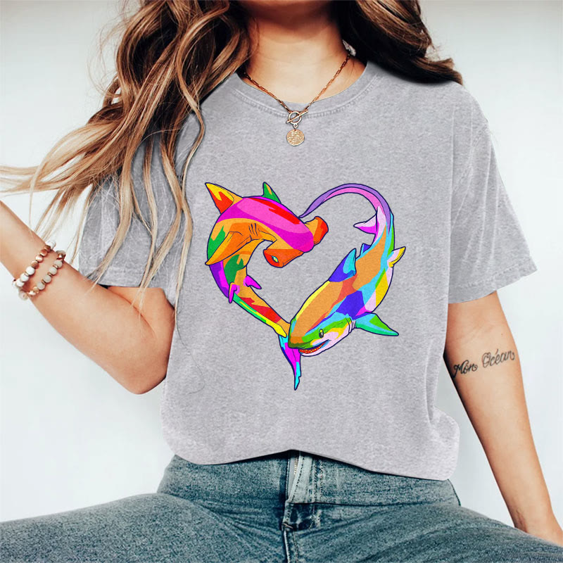 100% Cotton Valentine's Day Shark Heart T-shirt - Grey - 2XL - image 4