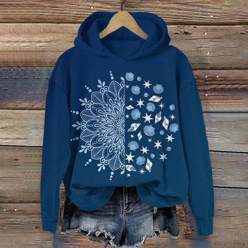 Creative Floral Shells Art Print Long Sleeve Hoodie - Dark Blue - US44-46(8XL) - image 2