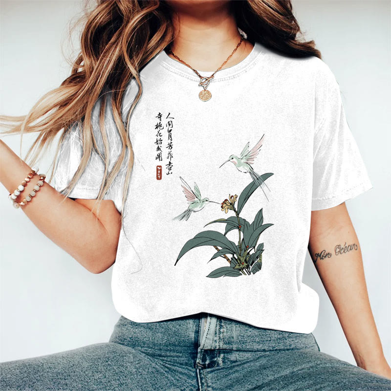 100% Cotton Women's Ancient Poetry & Larks Floral Art Print Casual T-Shirt - White - 2XL - image 3