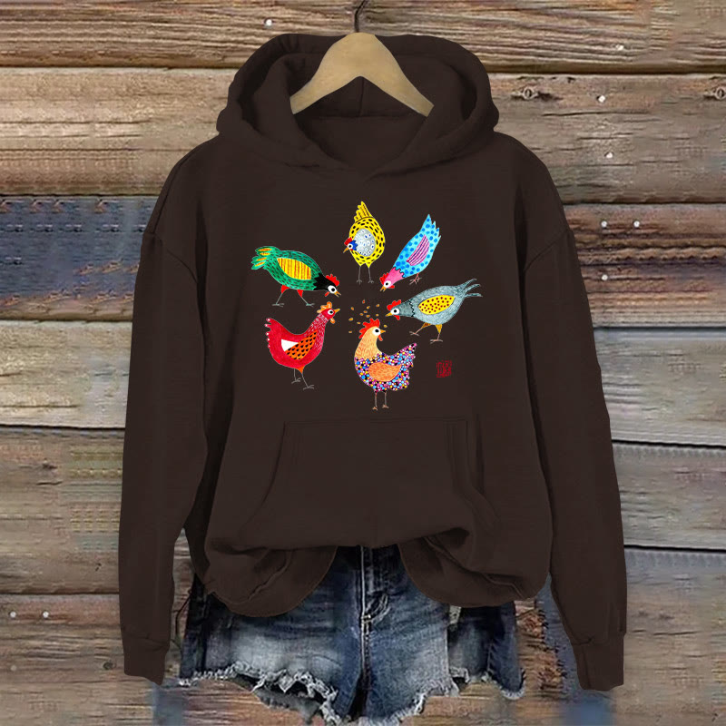 100% Cotton Watercolor Chicken Print Women's Hoodie - Coffee - 2XL - image 6