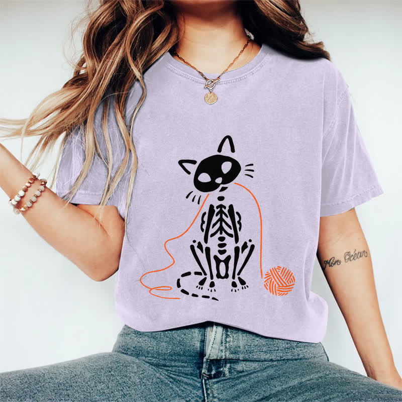 100% Cotton Women's Creative Skeleton Cat Playing Ball Of Yarn Art Print Casual T-shirt - Purple - 2XL - image 12