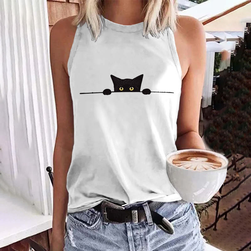 Women's Casual Black Cat Print Tank Top - White - 5XL - image 3