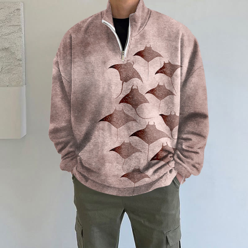Men's Vintage Manta Ray Art Print Long Sleeve Zipper Sweatshirt - Pink - 5XL - image 8
