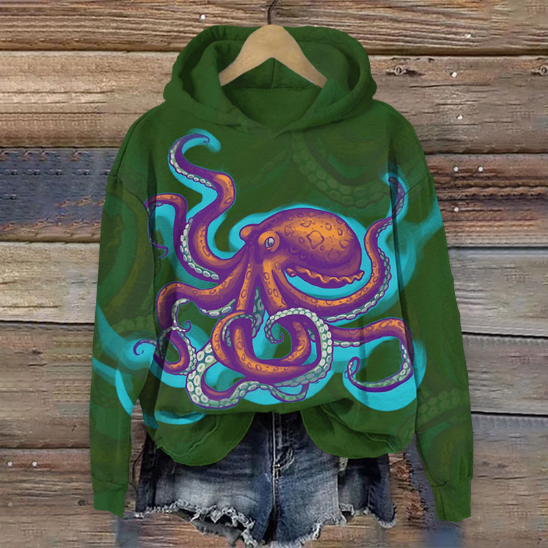 Retro Cartoon Octopus Art Print Long Sleeve Hoodie - Green - US44-46(8XL) - image 2