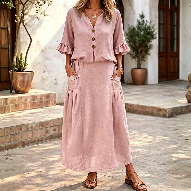 Solid Button V-neck Ruffle Sleeves Blouse & Solid Pocket Skirt Set - Pink - 4XL - image 5