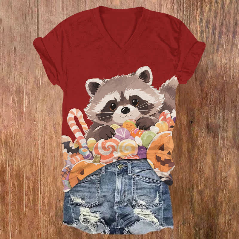 Halloween Raccoon With Colorful Candies Art Print V-neck T-shirt - Red - US32-34(5XL) - image 5