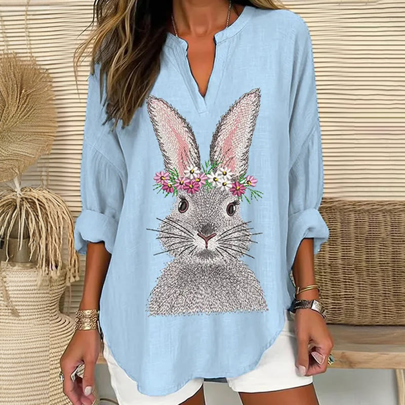Cute Bunny With Wreath Art Print V Neck Long Sleeve Blouse - Blue - 8XL - image 4