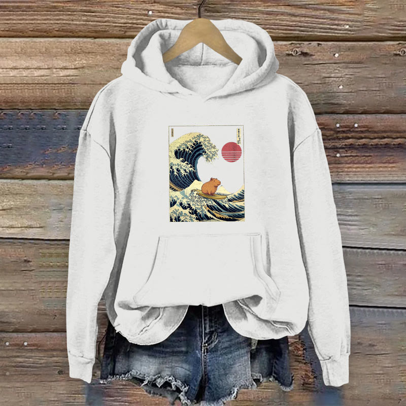 100% Cotton Funny Capybara Kanagawa Japanese Surfing Wave Print Women's Hoodie - White - 2XL - image 3