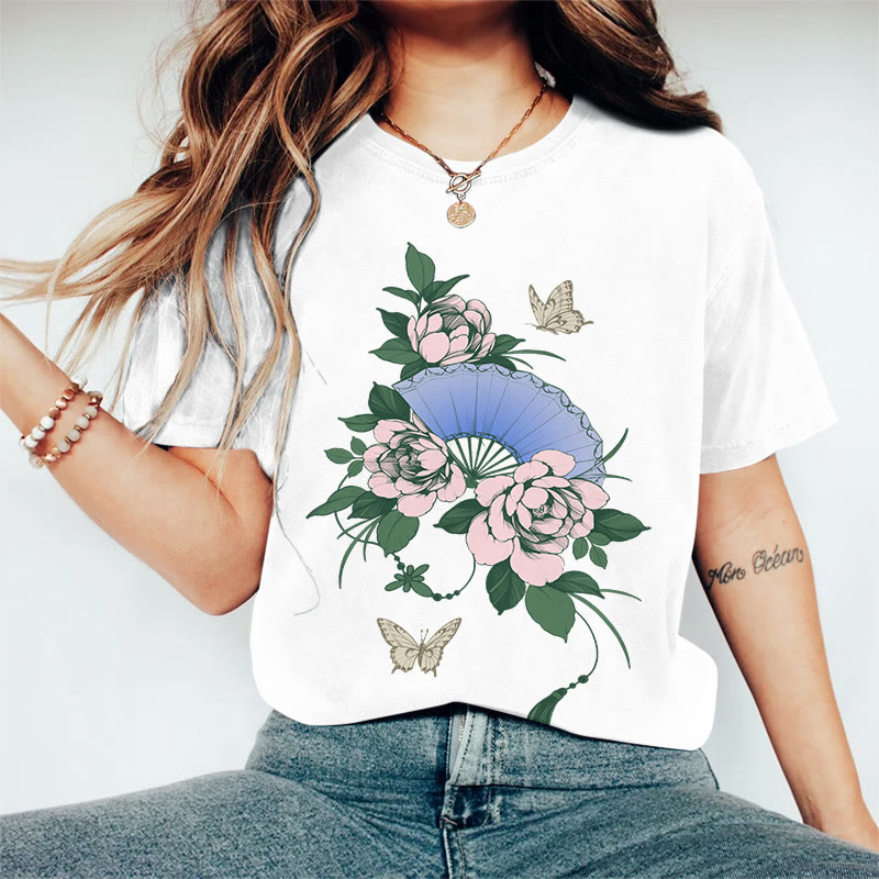 100% Cotton Women's Japanese Style Floral Butterfly Fan Art Print Casual T-shirt - White - 2XL - image 6