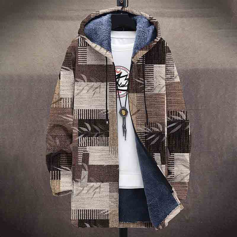 Brown Patchwork Leaves Pattern Print Unisex Plush Thick Long-sleeved Fleece Jacket Coat - image 2