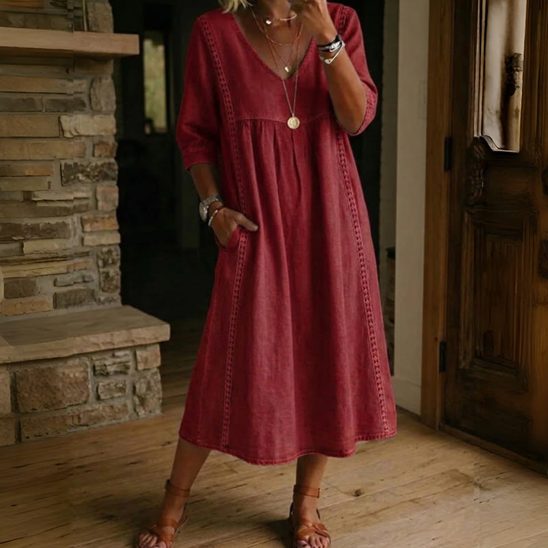 Elegant Solid V-neck Half Sleeve Maxi Dress - Red - 3XL - image 3