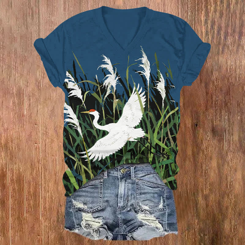 Japanese White Crane Flying Across Reed Marsh Print V-neck T-shirt - Blue - US32-34(5XL) - image 2