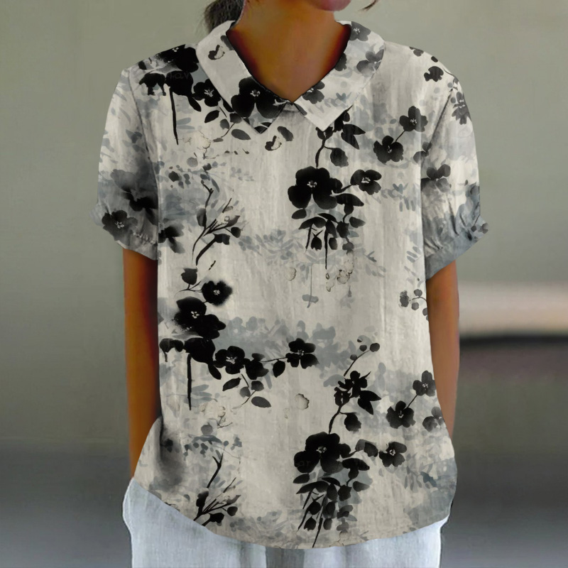 Vintage Ink Watercolor Floral Print Casual Lapel Loose Blouse - Beige - 6XL - image 1