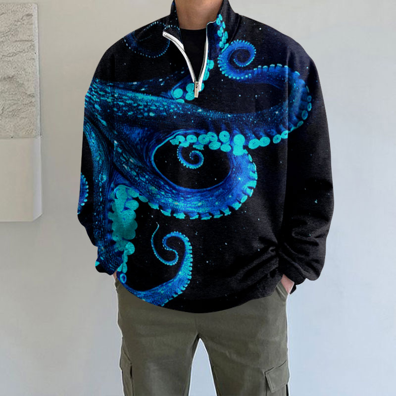 Three-dimensional Creative Octopus Print Zip Sweatshirt - Blue - 5XL - image 1