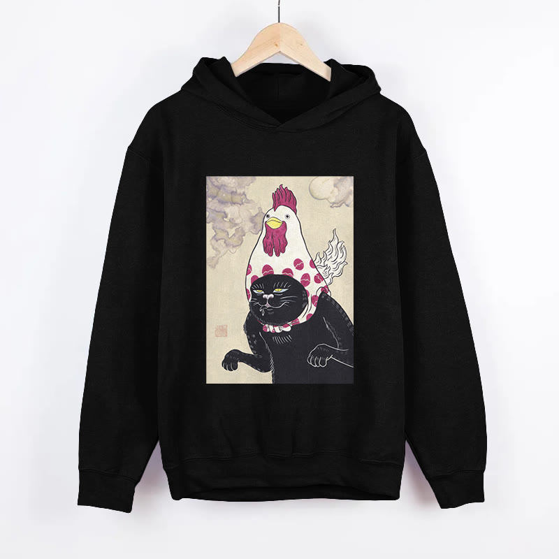 Unisex Cat And Rooster Hijinks Pattern Long Sleeved Hoodie - Black - US44-46(8XL) - image 5