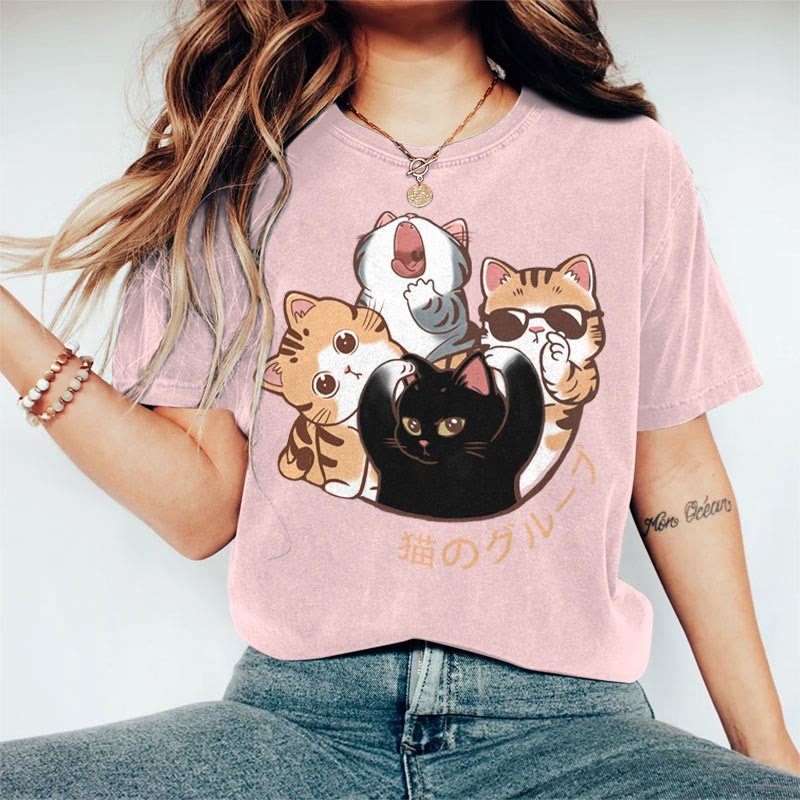 100% Cotton Women's Japanese Lovely Cat Family Art Print Casual T-shirt - Pink - 2XL - image 4