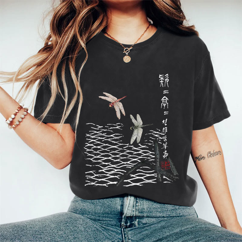 100% Cotton Women's Japanese Ink Painting Dragonfly Art Print Casual T-shirt - Black - 2XL - image 2