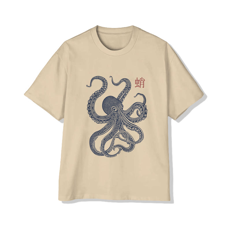 Unisex Japanese Octopus Pattern Short Sleeved Crew Neck T-Shirt - Apricot - 2XL - image 3