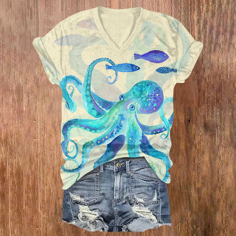 Aurora Watercolor Octopus Art Pattern Print Short Sleeved V-neck T-shirt - Apricot - US32-34(5XL) - image 3