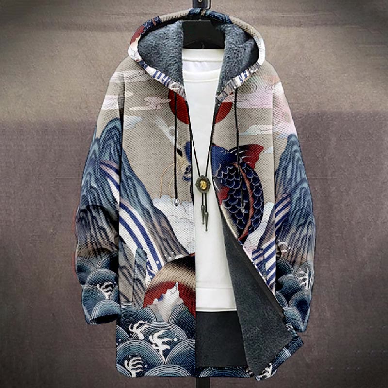 Japanese Abstract Wave ＆ Koi Fish Print Unisex Plush Thick Long-sleeved Fleece Jacket Coat - image 2