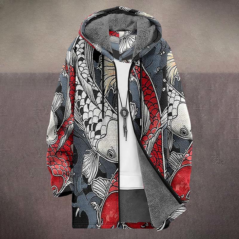 Vintage Red And White Swimming Koi Print Unisex Plush Thick Long-sleeved Fleece Jacket Coat - image 2