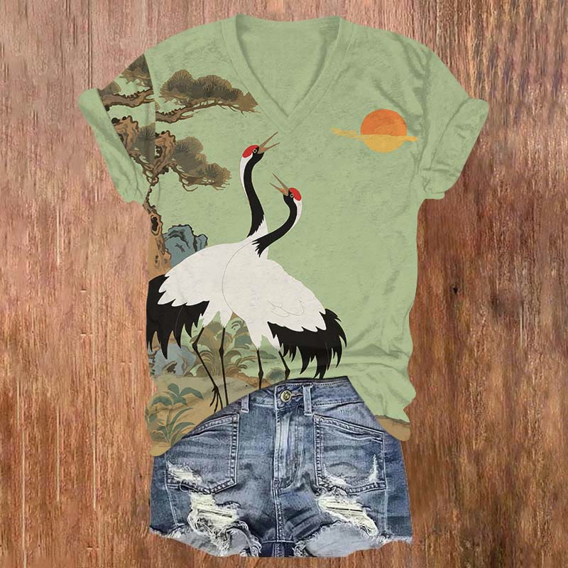 Vintage Sunset Romantic Couple Crane  Print V-neck T-shirt - Green - US32-34(5XL) - image 2