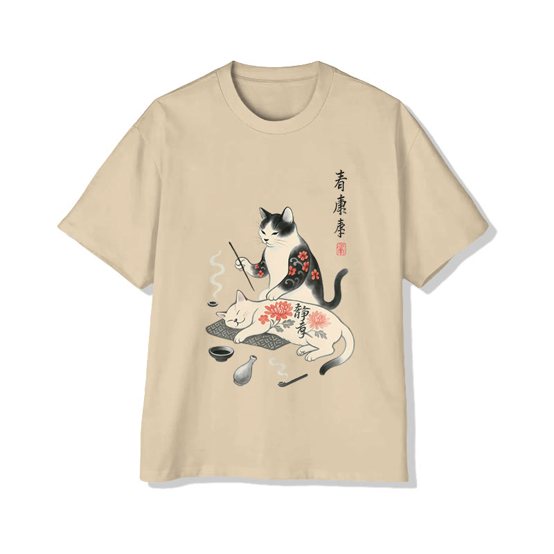 Unisex Vintage Japanese Art Print Short Sleeve Crew Neck T-shirt - Apricot - 2XL - image 3