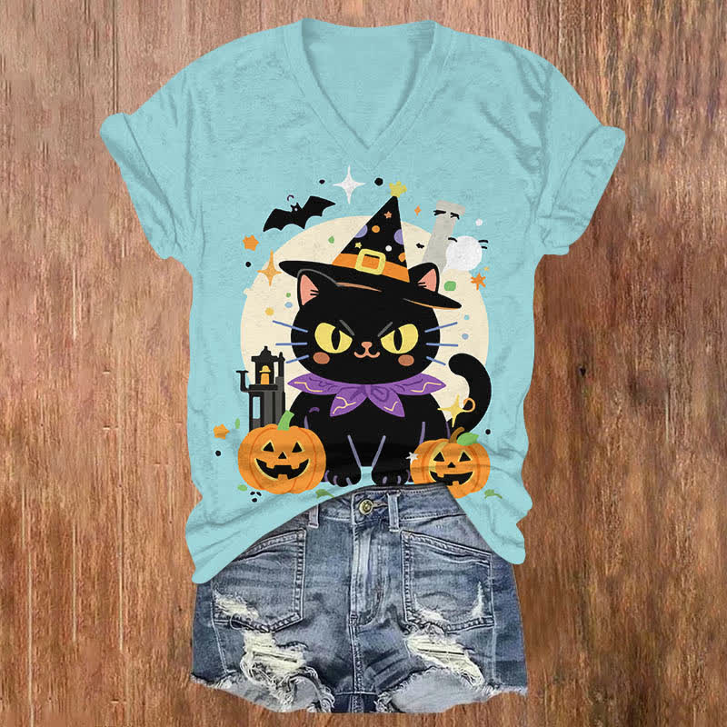 Halloween Funny Wizard Black Cat Art Print V-neck T-shirt - Blue - US32-34(5XL) - image 4