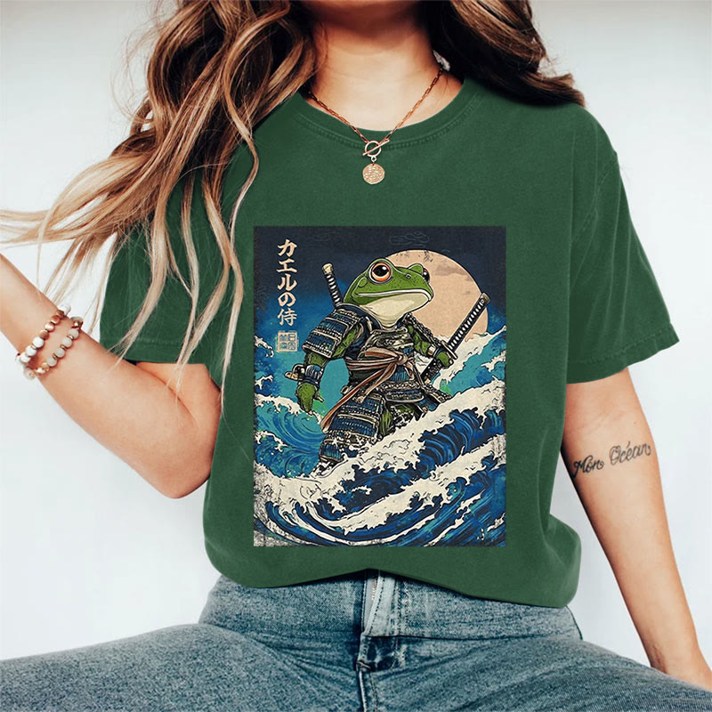 100% Cotton Women's Japanese Ocean Wave Samurai Frog Art Print Casual T-shirt - Dark Green - 2XL - image 5