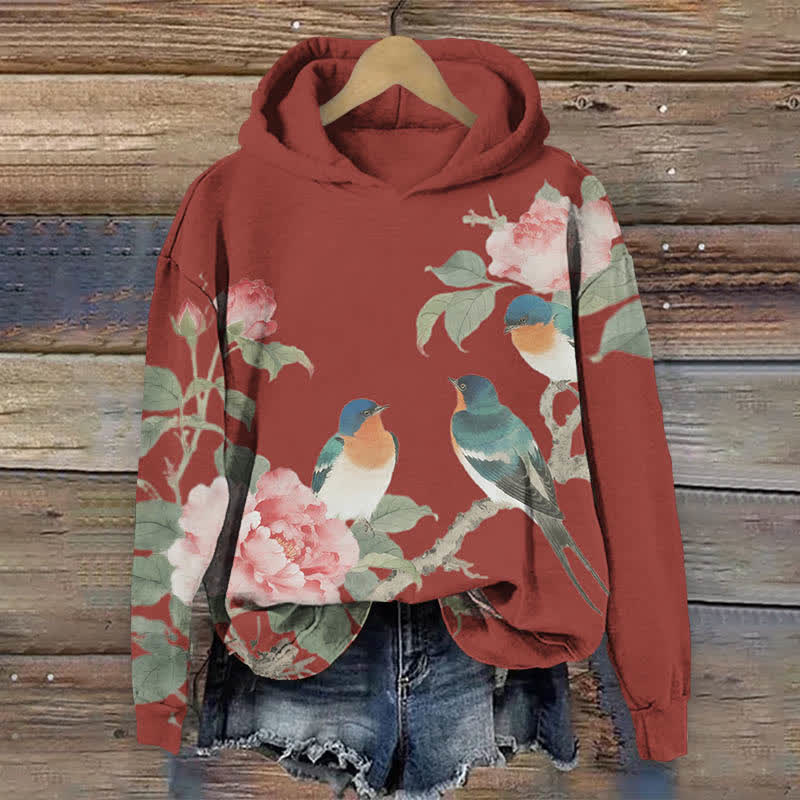 Vintage Rose Blossom & Bird Art Print Long Sleeve Hoodie - Red - US44-46(8XL) - image 6