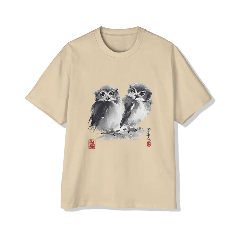 Japanese Owl Ink Painting Art Print Short Sleeved Crew Neck T-shirt - Apricot - 2XL - image 3